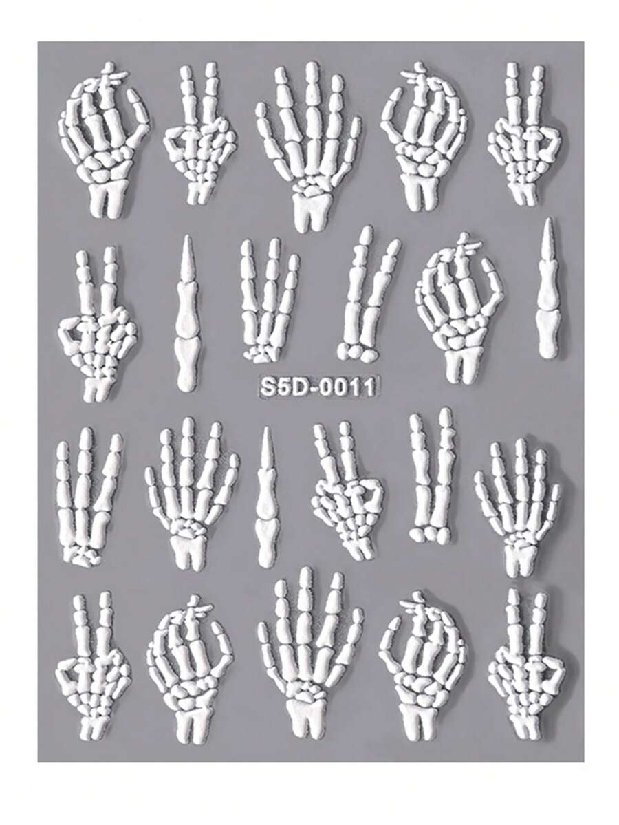 2Sheets Halloween Nail Stickers,5D Embossing Self-Adhesive Skull Bone Finger Design Nail Art Decals,DIY Sliders Manicure Skull Motif Decoration Nail Art Supplies