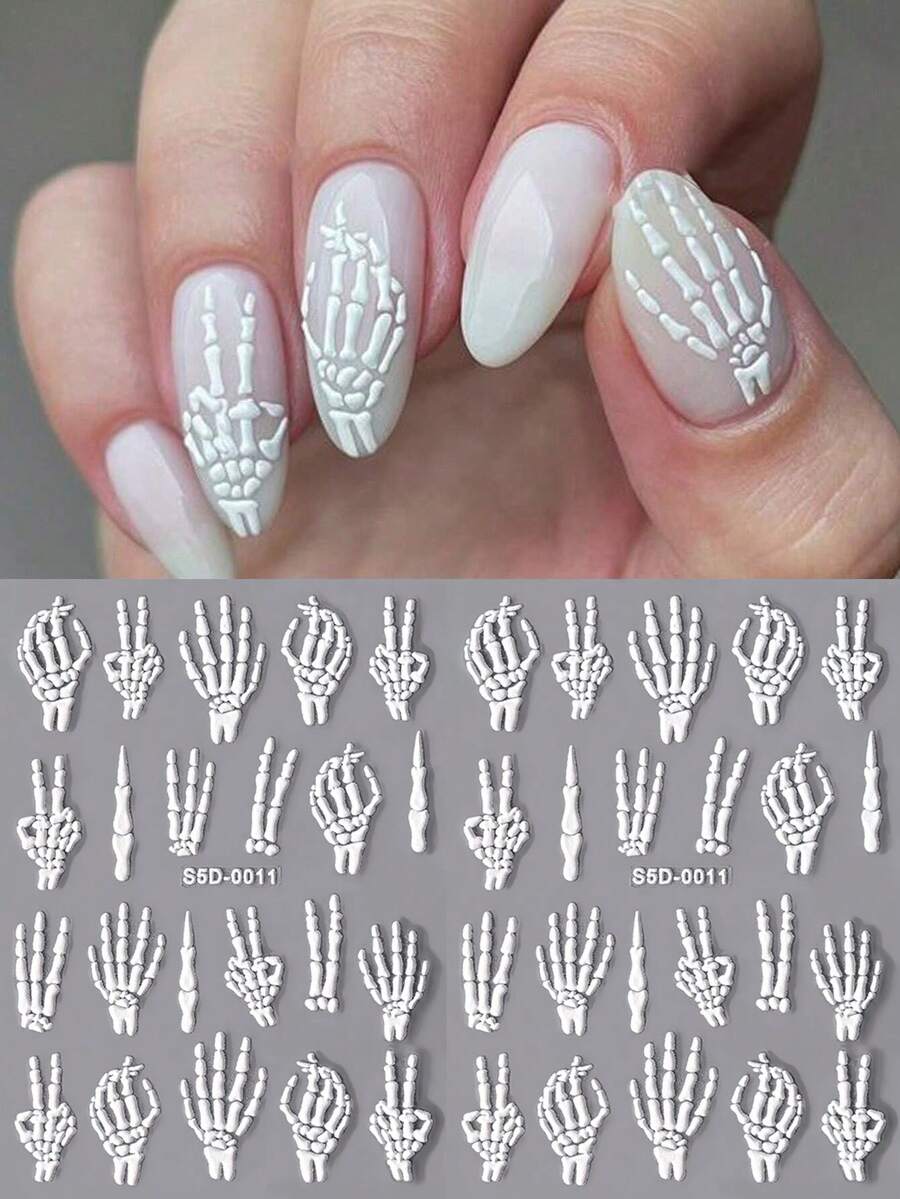 2Sheets Halloween Nail Stickers,5D Embossing Self-Adhesive Skull Bone Finger Design Nail Art Decals,DIY Sliders Manicure Skull Motif Decoration Nail Art Supplies