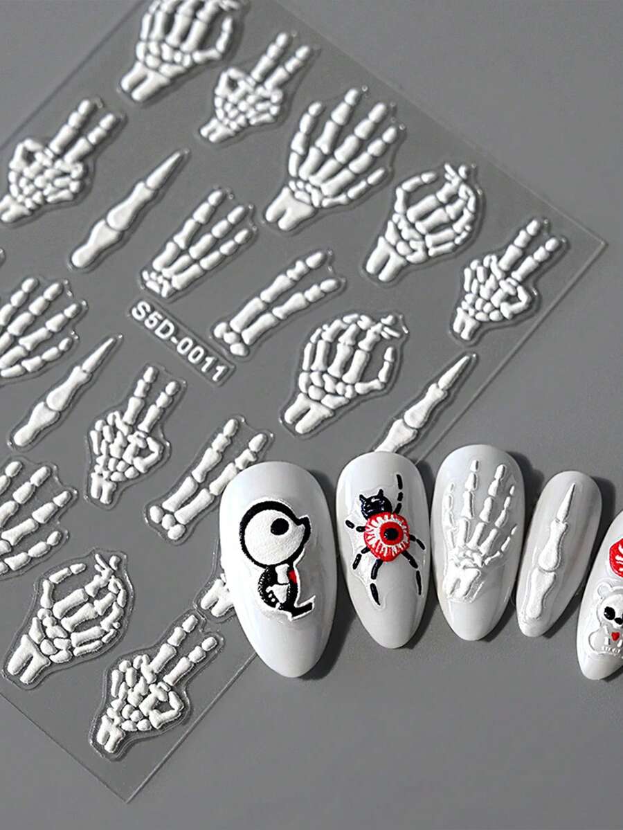 2Sheets Halloween Nail Stickers,5D Embossing Self-Adhesive Skull Bone Finger Design Nail Art Decals,DIY Sliders Manicure Skull Motif Decoration Nail Art Supplies