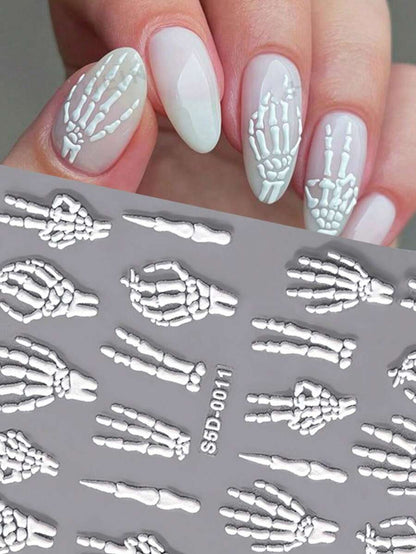 2Sheets Halloween Nail Stickers,5D Embossing Self-Adhesive Skull Bone Finger Design Nail Art Decals,DIY Sliders Manicure Skull Motif Decoration Nail Art Supplies