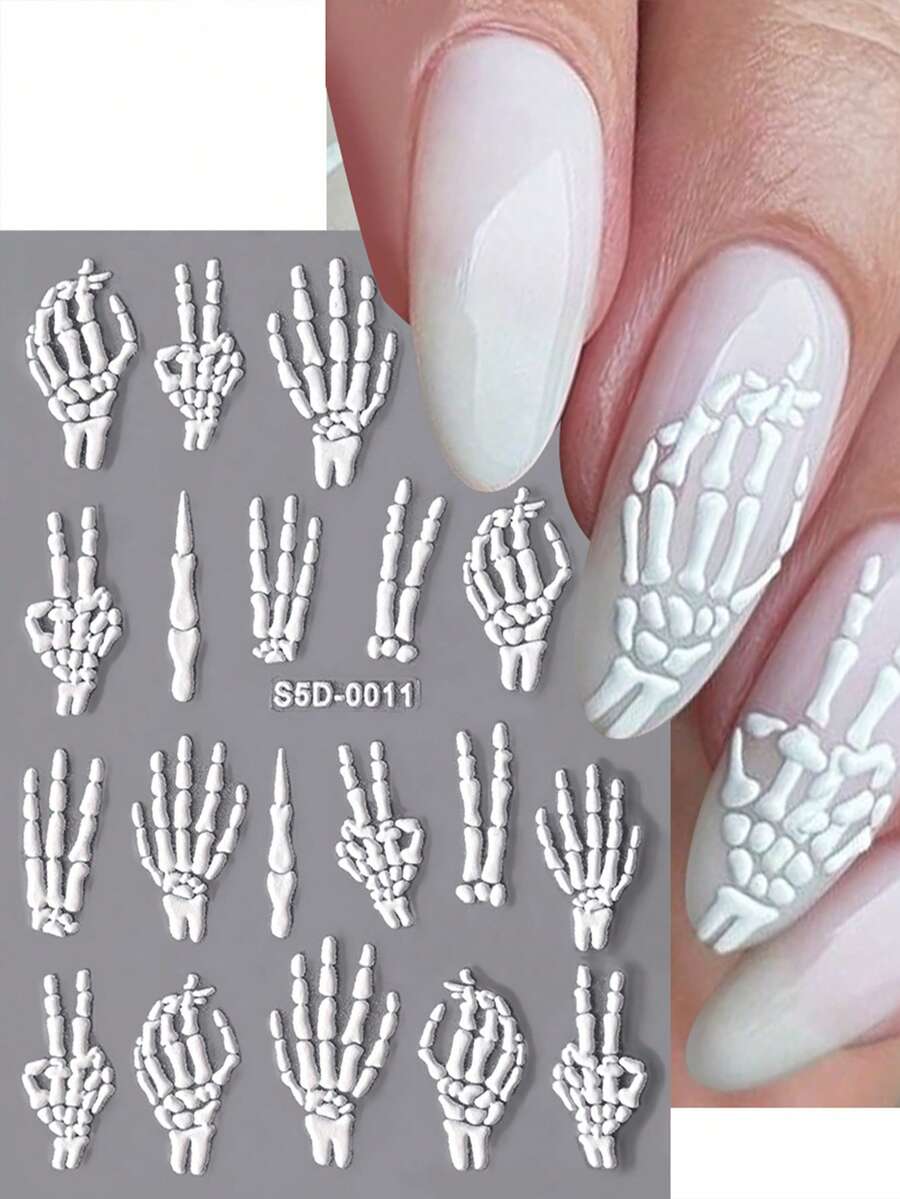 2Sheets Halloween Nail Stickers,5D Embossing Self-Adhesive Skull Bone Finger Design Nail Art Decals,DIY Sliders Manicure Skull Motif Decoration Nail Art Supplies