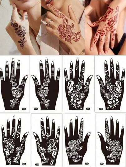 Premium Floral Henna Tattoo Stencil Stickers, Color Painting Temporary Hand Tattoo Stencils, Glitter Painting Hollow Stickers, For Body Art Makeup Mehndi Patterns