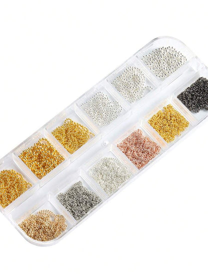 12 Grids Boxed Alloy Chain Nail Art Charms Golden Silvery Black Mixed Color Y2K Gothic Nail Chain Beads Punk & Luxury Style Decorative Chains For DIY Manicure & Nail Salon Use