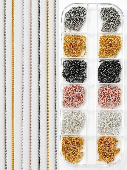 12 Grids Boxed Alloy Chain Nail Art Charms Golden Silvery Black Mixed Color Y2K Gothic Nail Chain Beads Punk & Luxury Style Decorative Chains For DIY Manicure & Nail Salon Use