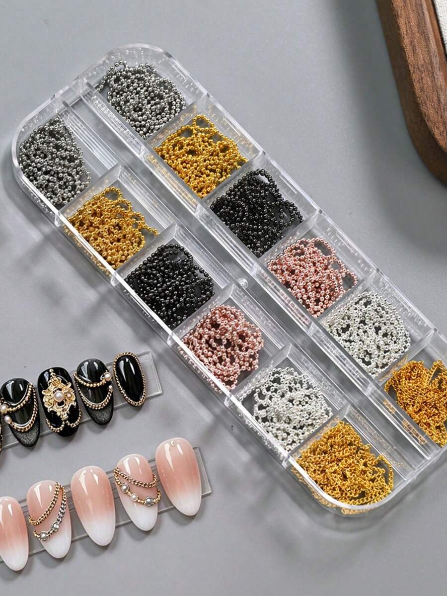 12 Grids Boxed Alloy Chain Nail Art Charms Golden Silvery Black Mixed Color Y2K Gothic Nail Chain Beads Punk & Luxury Style Decorative Chains For DIY Manicure & Nail Salon Use