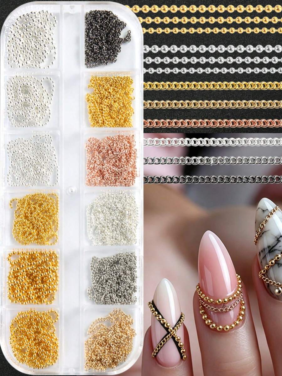 12 Grids Boxed Alloy Chain Nail Art Charms Golden Silvery Black Mixed Color Y2K Gothic Nail Chain Beads Punk & Luxury Style Decorative Chains For DIY Manicure & Nail Salon Use