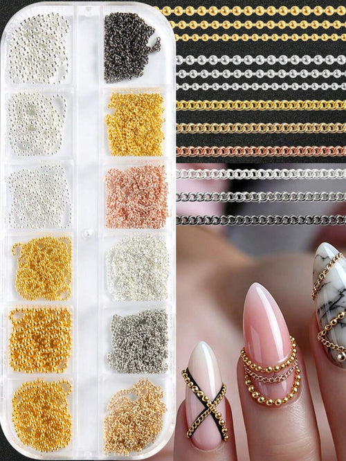 12 Grids Boxed Alloy Chain Nail Art Charms Golden Silvery Black Mixed Color Y2K Gothic Nail Chain Beads Punk & Luxury Style Decorative Chains For DIY Manicure & Nail Salon Use