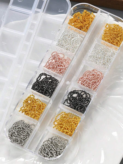 12 Grids Boxed Alloy Chain Nail Art Charms Golden Silvery Black Mixed Color Y2K Gothic Nail Chain Beads Punk & Luxury Style Decorative Chains For DIY Manicure & Nail Salon Use