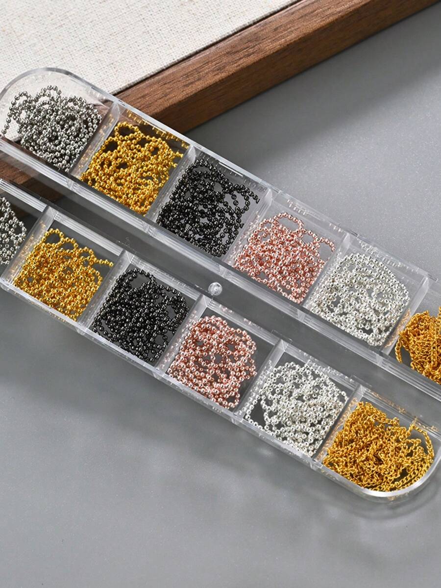 12 Grids Boxed Alloy Chain Nail Art Charms Golden Silvery Black Mixed Color Y2K Gothic Nail Chain Beads Punk & Luxury Style Decorative Chains For DIY Manicure & Nail Salon Use