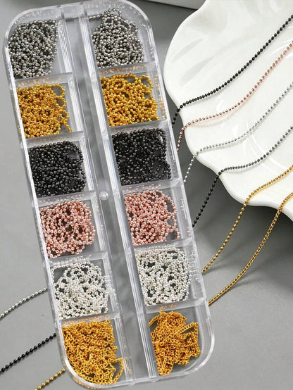 12 Grids Boxed Alloy Chain Nail Art Charms Golden Silvery Black Mixed Color Y2K Gothic Nail Chain Beads Punk & Luxury Style Decorative Chains For DIY Manicure & Nail Salon Use