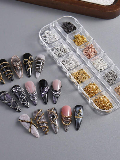 12 Grids Boxed Alloy Chain Nail Art Charms Golden Silvery Black Mixed Color Y2K Gothic Nail Chain Beads Punk & Luxury Style Decorative Chains For DIY Manicure & Nail Salon Use