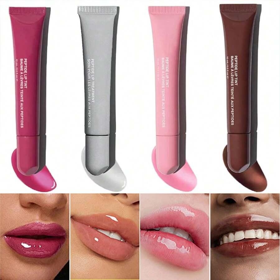 4 Pcs Peptide Lip Tint, Sheer Color And Hydrating Finish Clear Lip Oil, Long Lasting Hydrating Lip Gloss Tinted Lip Balm Non-Sticky Revitalizing, Transparent Lip Care Oil For Dry Lip, 3 Fl Oz,10ml