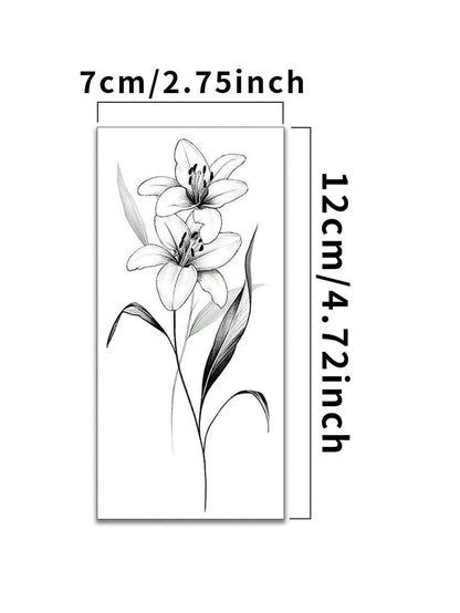 Twin Lily Flowers Temporary Tattoos Waterproof Long Lasting Fake Body Art Stickers Fine Line Botanical Sketch Floral Design Aesthetic Tattoo For Forearm Arm Women
