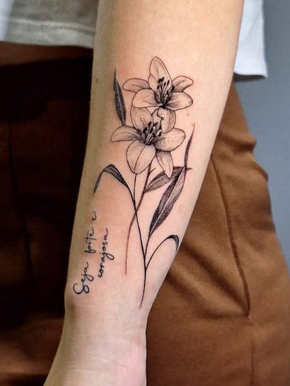 Twin Lily Flowers Temporary Tattoos Waterproof Long Lasting Fake Body Art Stickers Fine Line Botanical Sketch Floral Design Aesthetic Tattoo For Forearm Arm Women