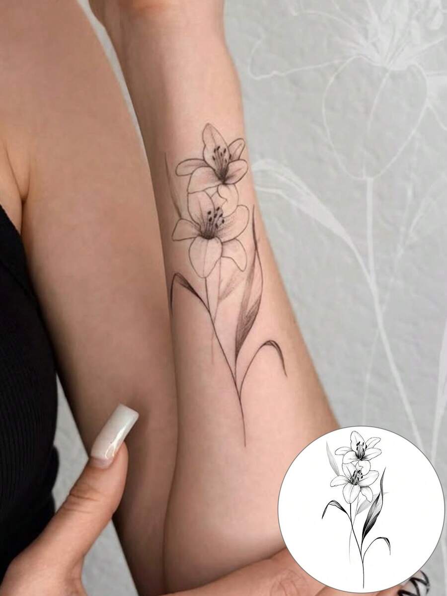 Twin Lily Flowers Temporary Tattoos Waterproof Long Lasting Fake Body Art Stickers Fine Line Botanical Sketch Floral Design Aesthetic Tattoo For Forearm Arm Women