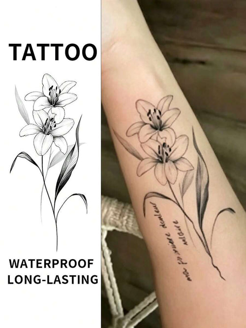Twin Lily Flowers Temporary Tattoos Waterproof Long Lasting Fake Body Art Stickers Fine Line Botanical Sketch Floral Design Aesthetic Tattoo For Forearm Arm Women